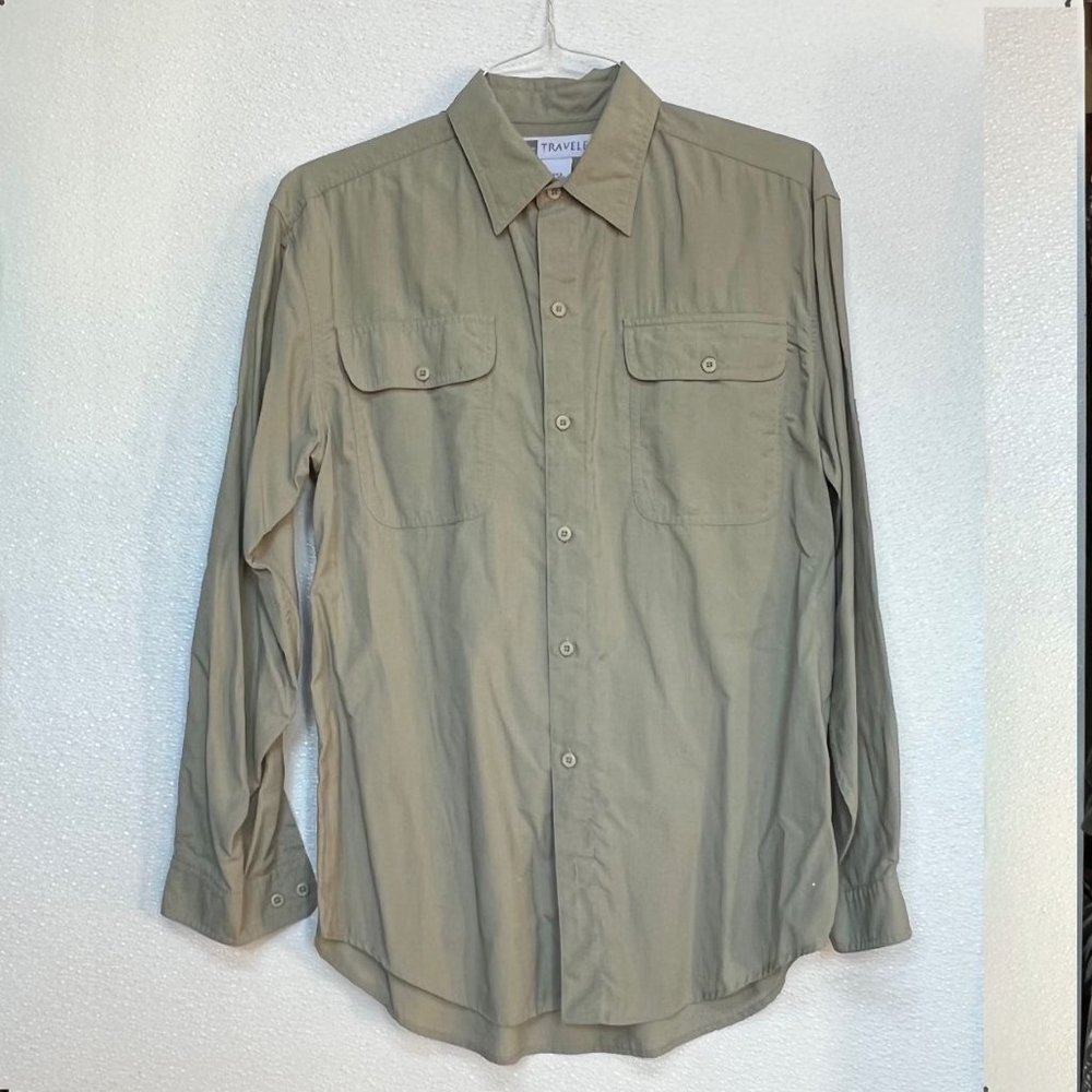 L.L. Bean Mens Size M Traveller Long Sleeve Button Up Collared Shirt Khaki Solid